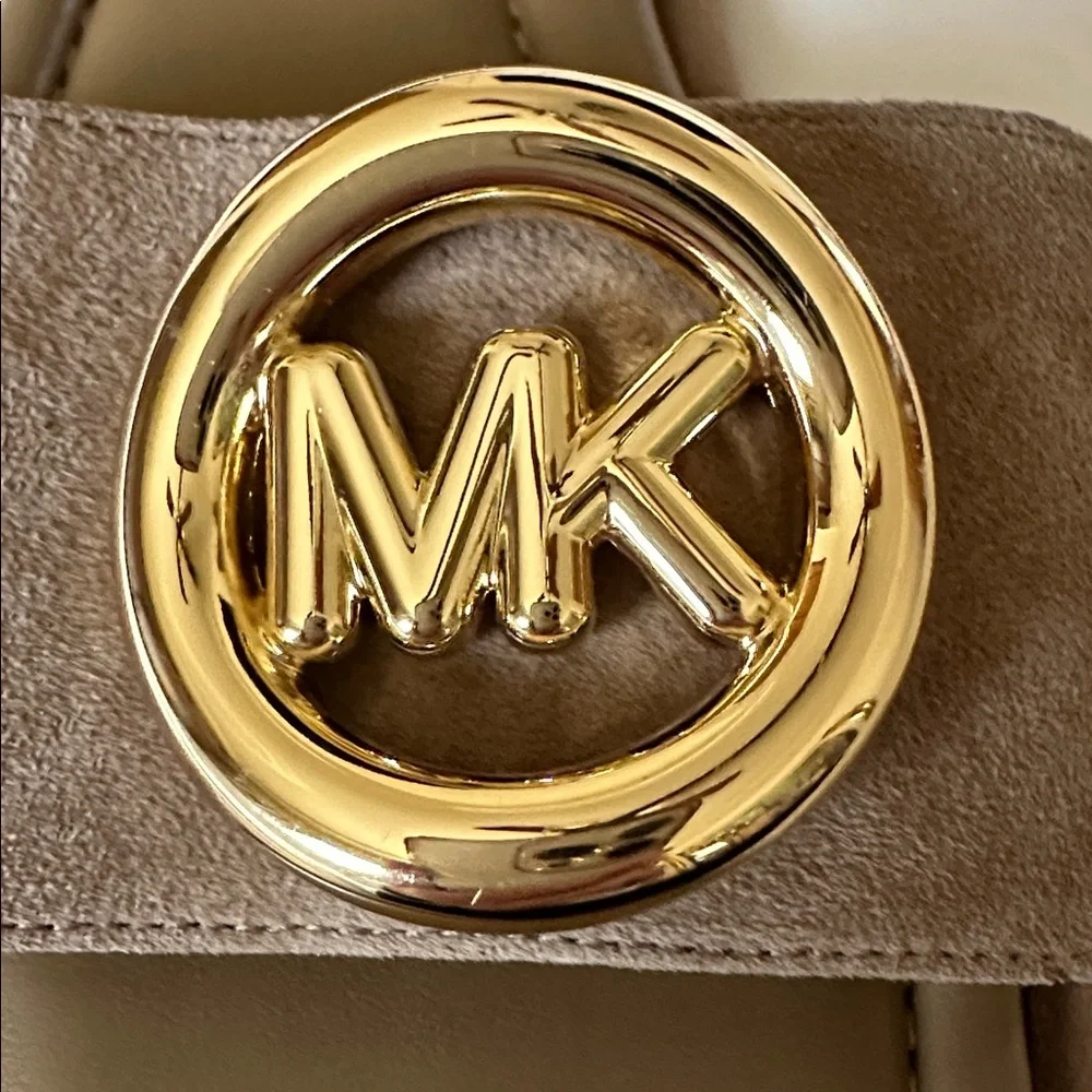 Michael Kors Suede Slides with Gold Emblem